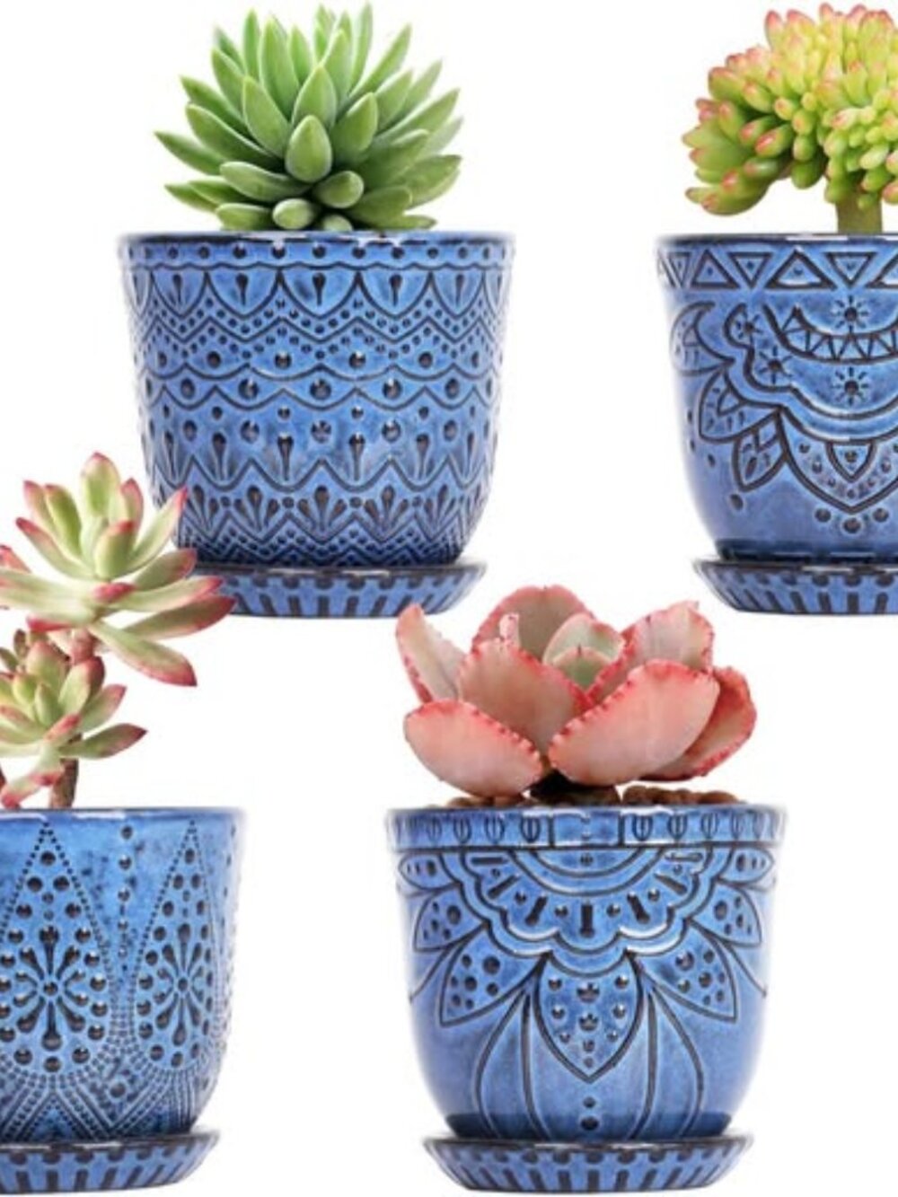 Blue Ceramic Plant Pots Boho Succulent Planters Saucer Trays Drainage Holes 4 Pk
